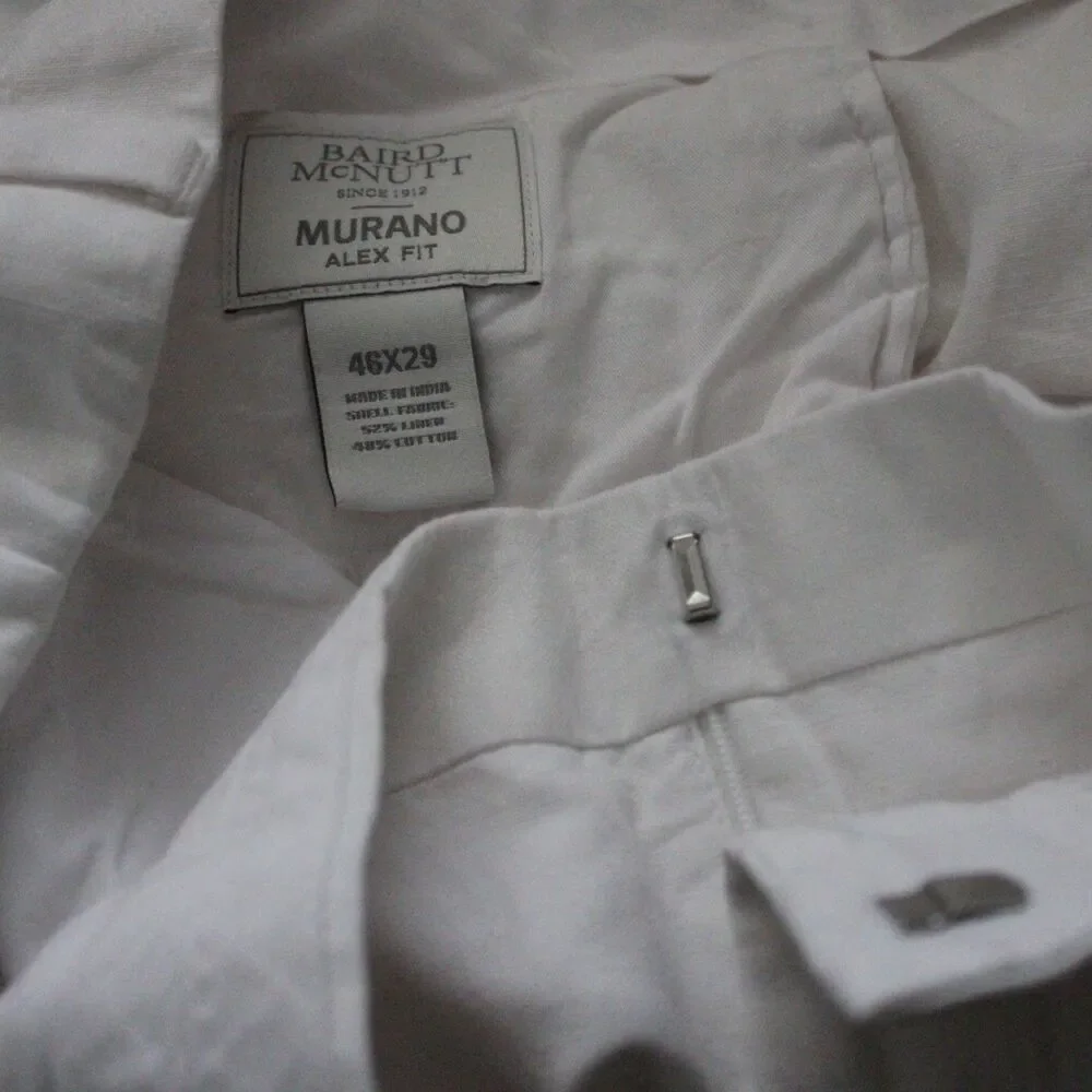 Murano Baird McNutt Linen Pants Mens 46 x 29 Alex Fit White Flat Front Trousers